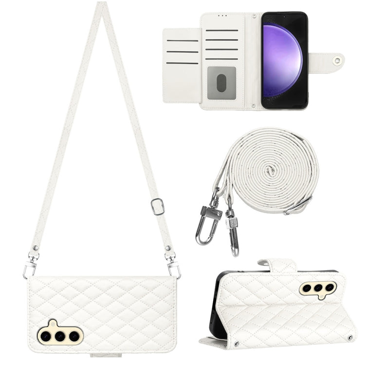 For Samsung Galaxy S24 5G Rhombic Texture Flip Leather Phone Case with Long Lanyard(White)