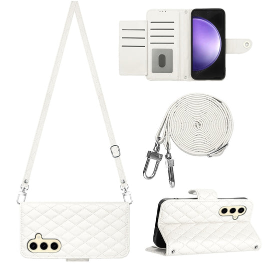 For Samsung Galaxy S24 5G Rhombic Texture Flip Leather Phone Case with Long Lanyard(White)