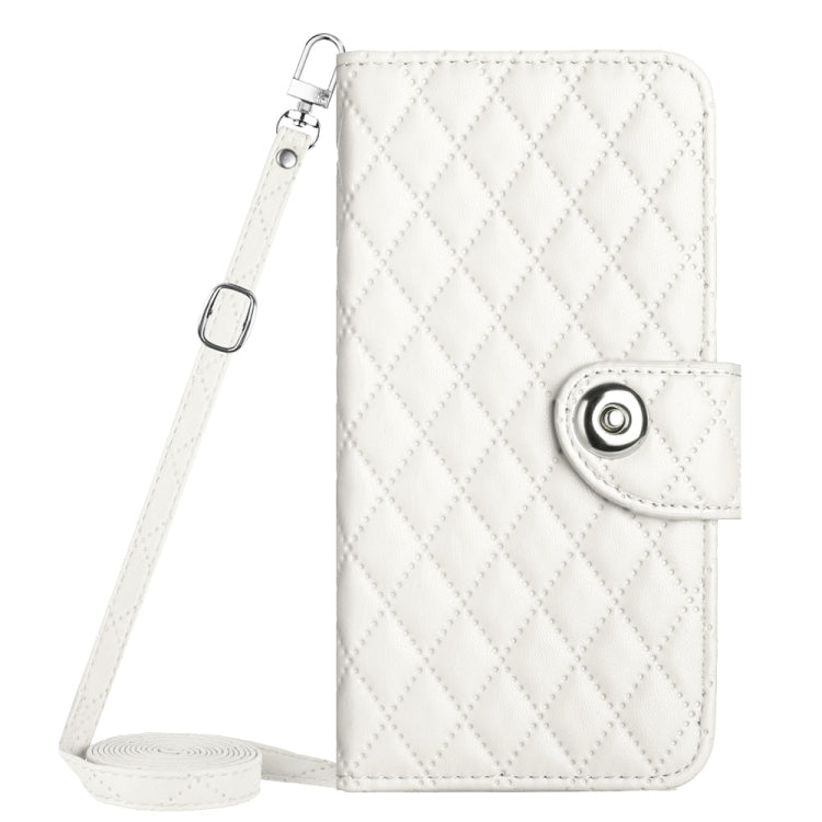 For Samsung Galaxy S24 5G Rhombic Texture Flip Leather Phone Case with Long Lanyard(White)