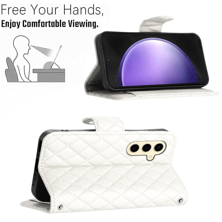For Samsung Galaxy S24 5G Rhombic Texture Flip Leather Phone Case with Long Lanyard(White)