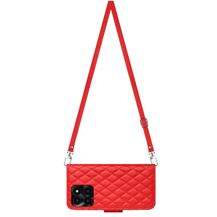 For Honor X6a Rhombic Texture Flip Leather Phone Case with Long Lanyard(Red)