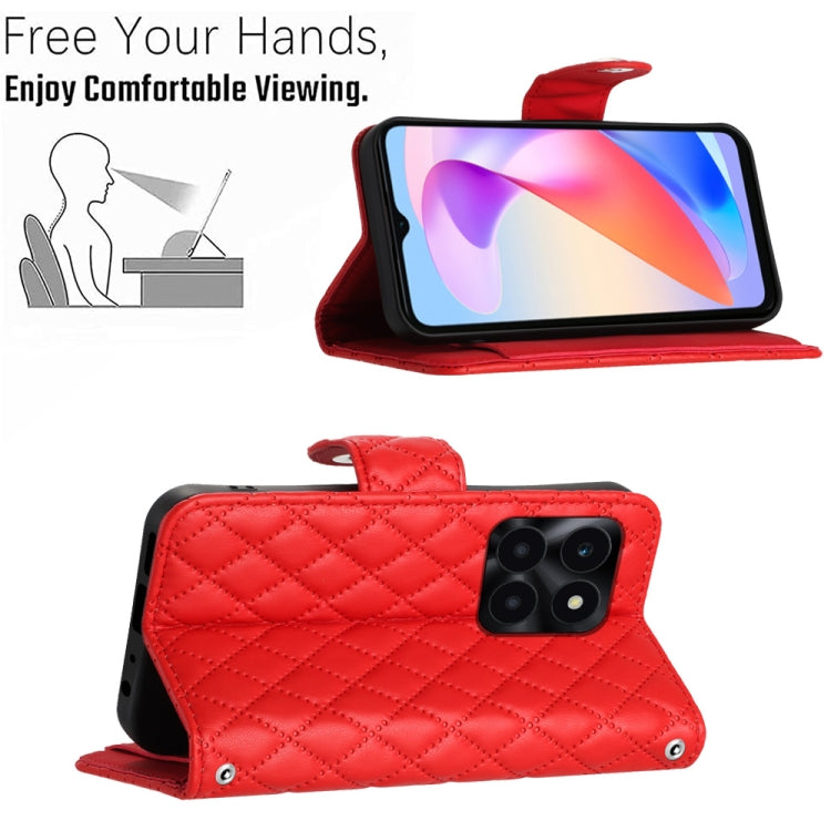 For Honor X6a Rhombic Texture Flip Leather Phone Case with Long Lanyard(Red)