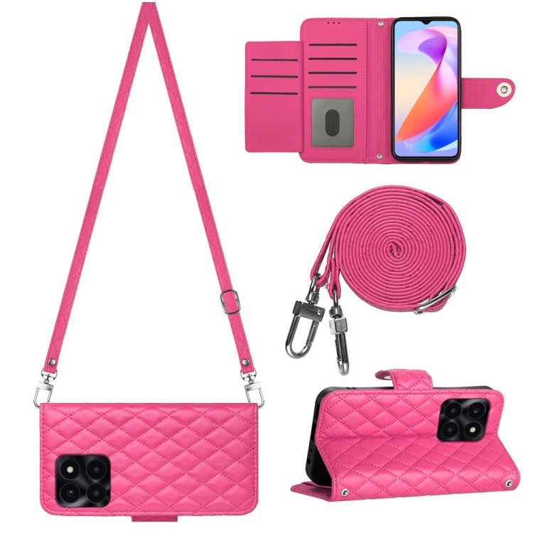 For Honor X6a Rhombic Texture Flip Leather Phone Case with Long Lanyard(Rose Red)