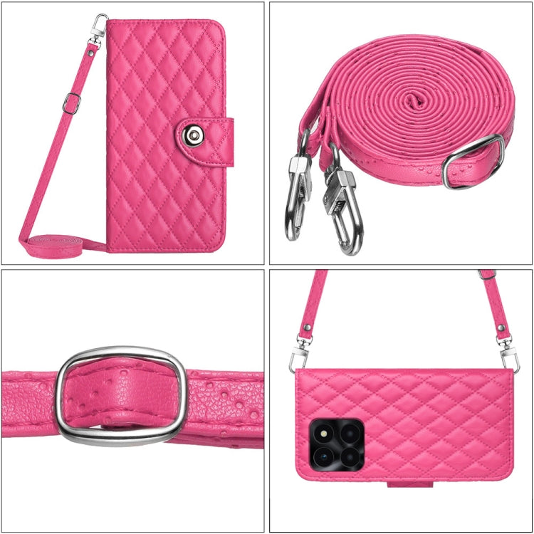 For Honor X6a Rhombic Texture Flip Leather Phone Case with Long Lanyard(Rose Red)