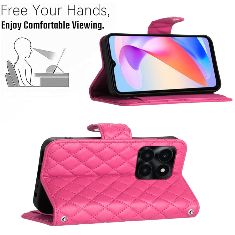 For Honor X6a Rhombic Texture Flip Leather Phone Case with Long Lanyard(Rose Red)