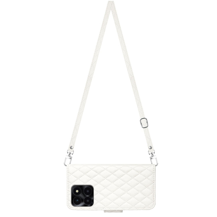 For Honor X6a Rhombic Texture Flip Leather Phone Case with Long Lanyard(White)