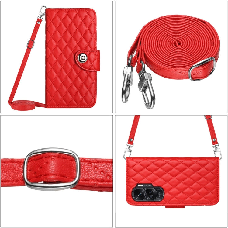 For Honor 90 Lite Rhombic Texture Flip Leather Phone Case with Long Lanyard(Red)