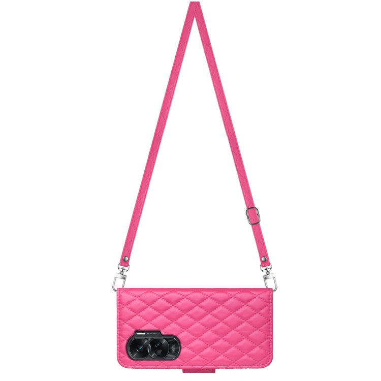 For Honor 90 Lite Rhombic Texture Flip Leather Phone Case with Long Lanyard(Rose Red)