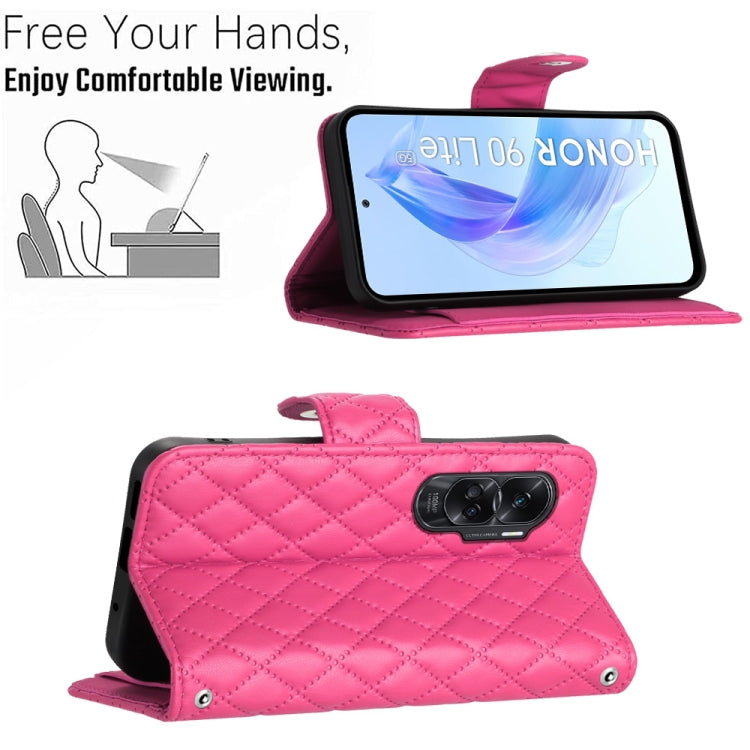 For Honor 90 Lite Rhombic Texture Flip Leather Phone Case with Long Lanyard(Rose Red)