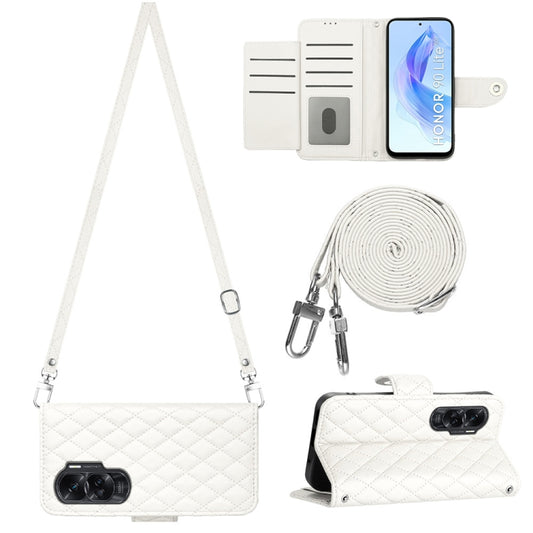 For Honor 90 Lite Rhombic Texture Flip Leather Phone Case with Long Lanyard(White)