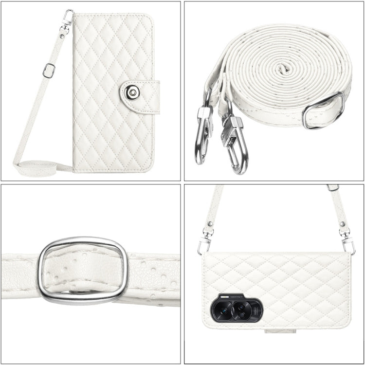 For Honor 90 Lite Rhombic Texture Flip Leather Phone Case with Long Lanyard(White)