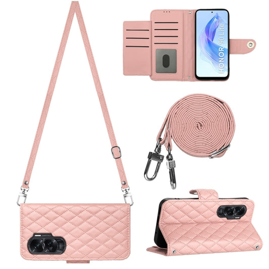 For Honor 90 Lite Rhombic Texture Flip Leather Phone Case with Long Lanyard(Coral Pink)