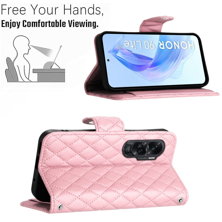 For Honor 90 Lite Rhombic Texture Flip Leather Phone Case with Long Lanyard(Pink)