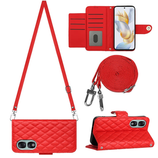 For Honor 90 Rhombic Texture Flip Leather Phone Case with Long Lanyard(Red)