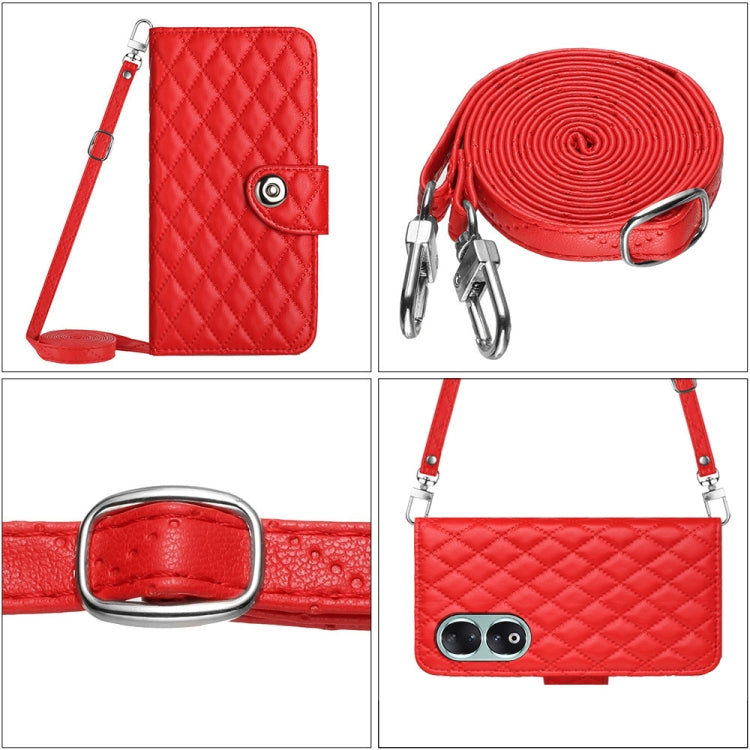 For Honor 90 Rhombic Texture Flip Leather Phone Case with Long Lanyard(Red)