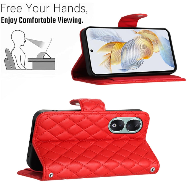 For Honor 90 Rhombic Texture Flip Leather Phone Case with Long Lanyard(Red)