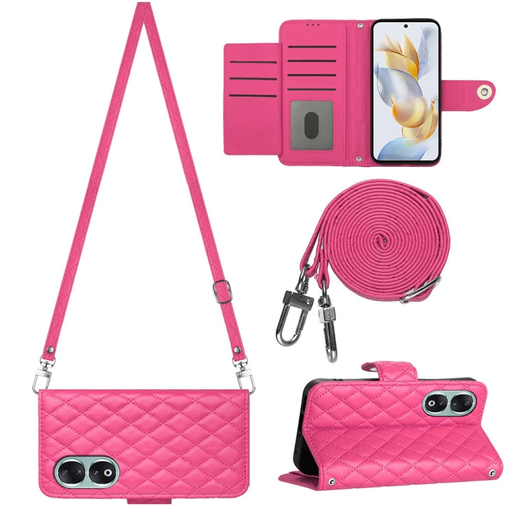For Honor 90 Rhombic Texture Flip Leather Phone Case with Long Lanyard(Rose Red)