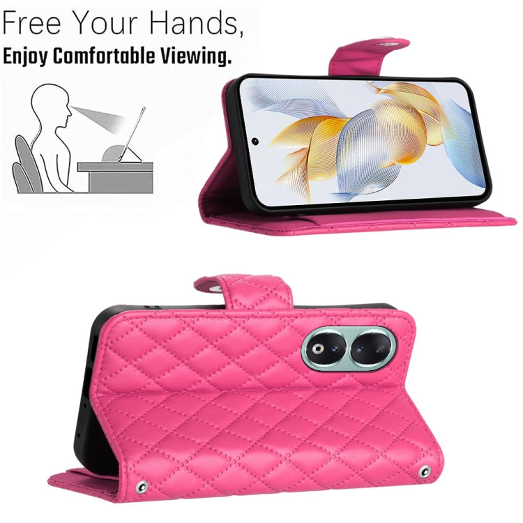 For Honor 90 Rhombic Texture Flip Leather Phone Case with Long Lanyard(Rose Red)