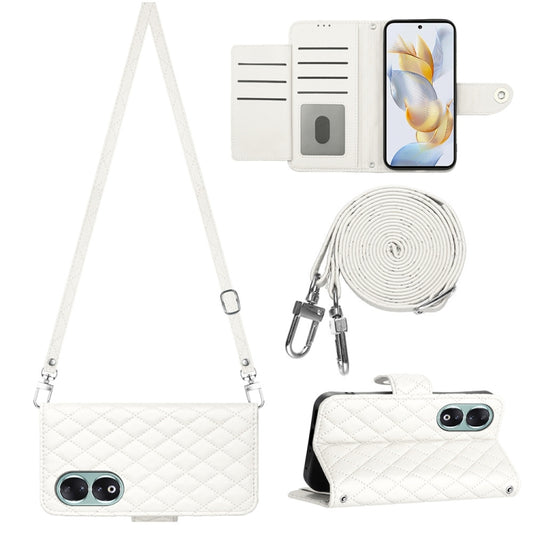 For Honor 90 Rhombic Texture Flip Leather Phone Case with Long Lanyard(White)