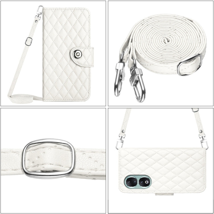 For Honor 90 Rhombic Texture Flip Leather Phone Case with Long Lanyard(White)