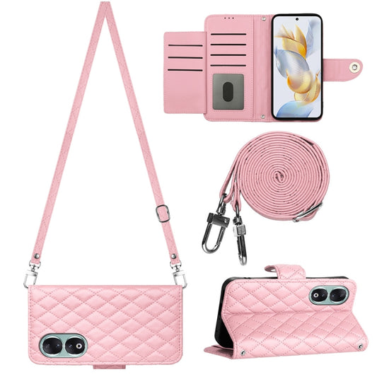 For Honor 90 Rhombic Texture Flip Leather Phone Case with Long Lanyard(Pink)