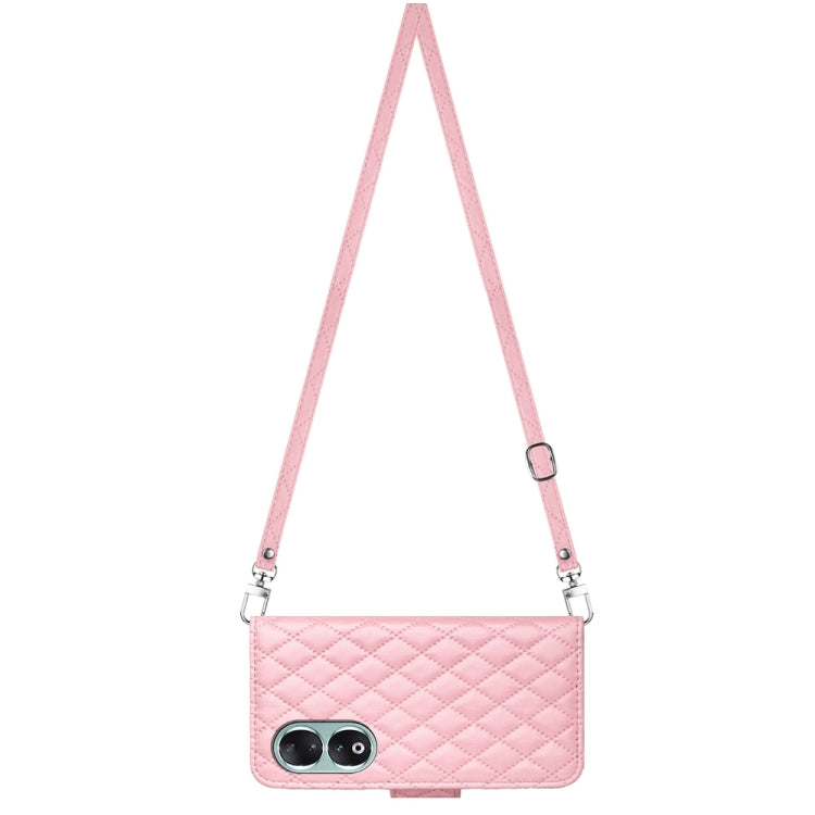 For Honor 90 Rhombic Texture Flip Leather Phone Case with Long Lanyard(Pink)