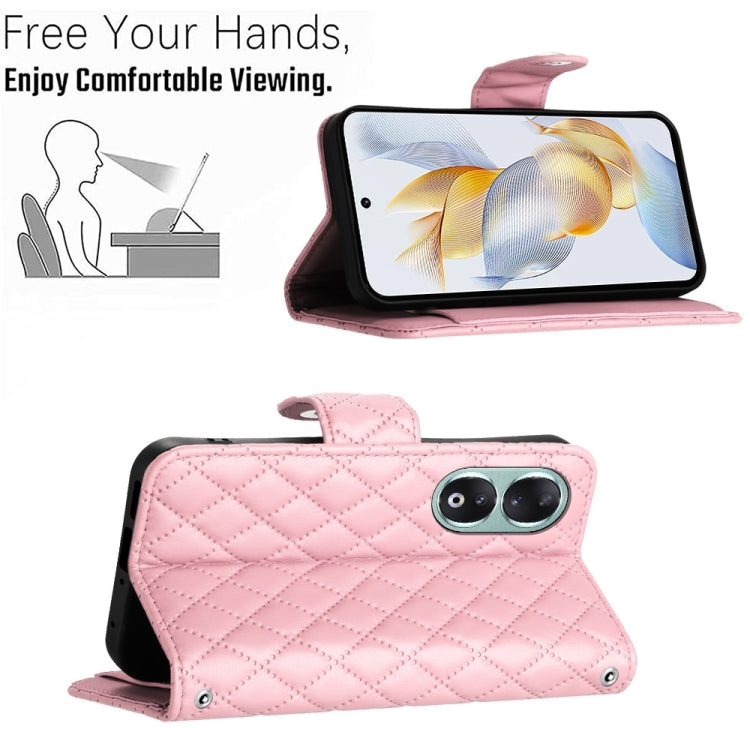 For Honor 90 Rhombic Texture Flip Leather Phone Case with Long Lanyard(Pink)