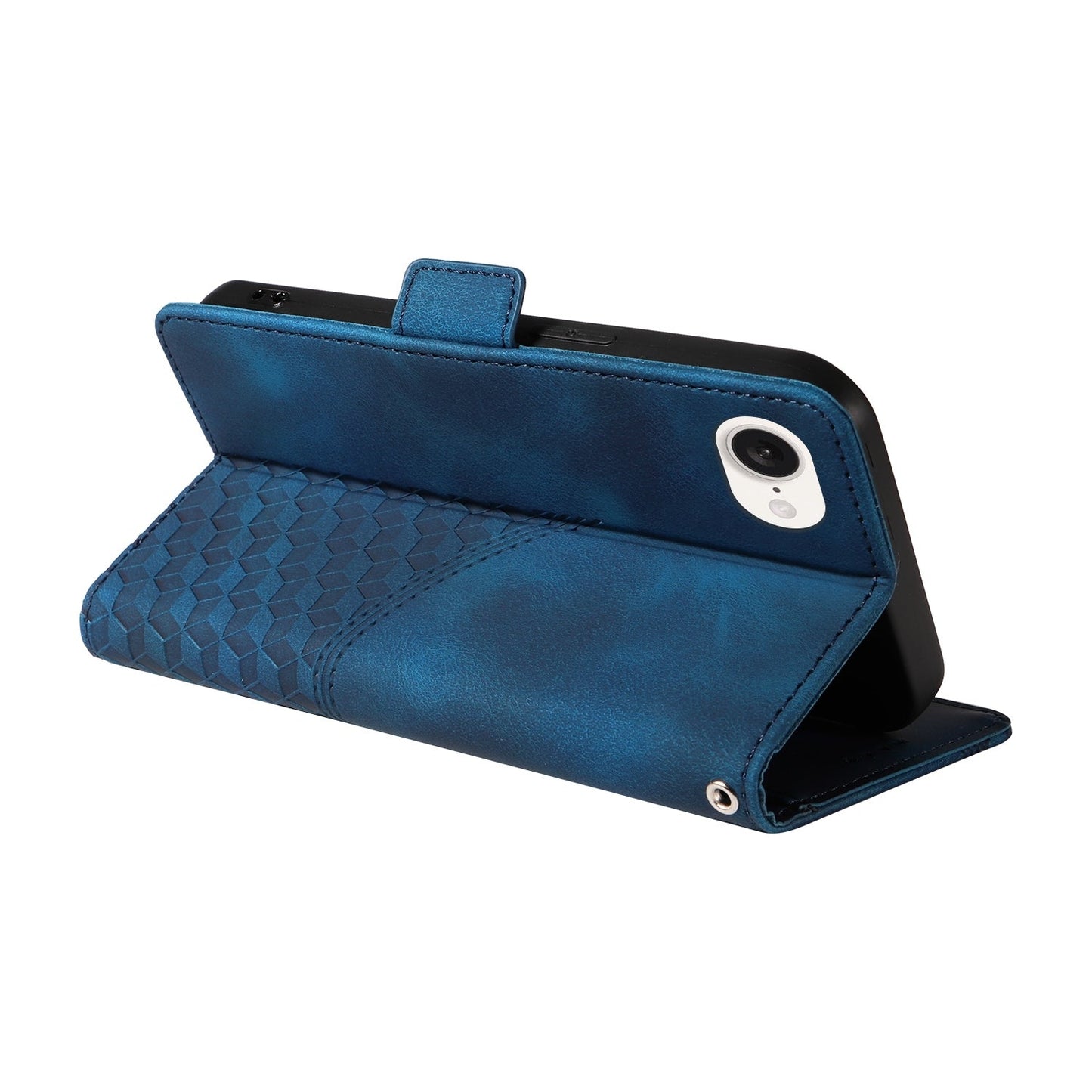 For iPhone 16e Embossed Rhombus Starry Leather Phone Case(Blue)