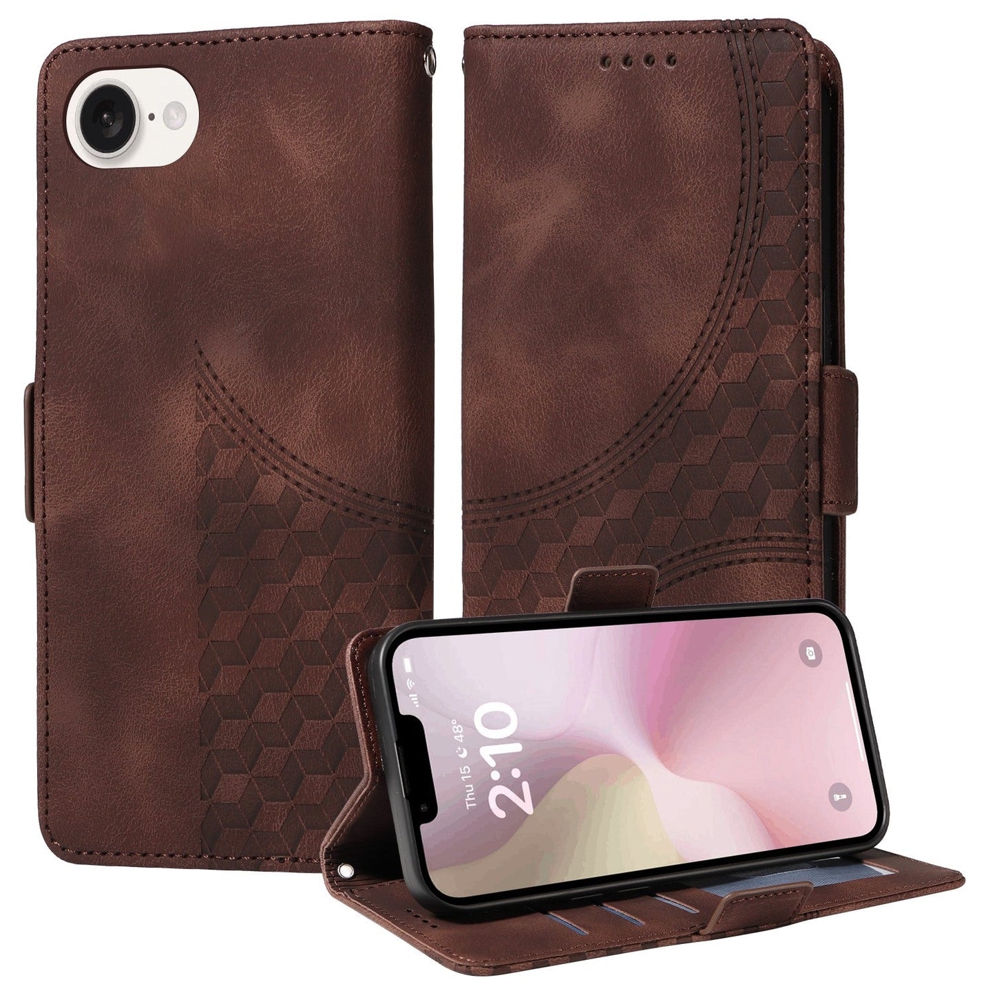 For iPhone 16e Embossed Rhombus Starry Leather Phone Case(Brown)