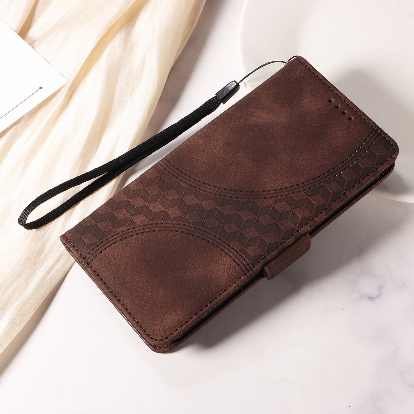 For iPhone 16e Embossed Rhombus Starry Leather Phone Case(Brown)