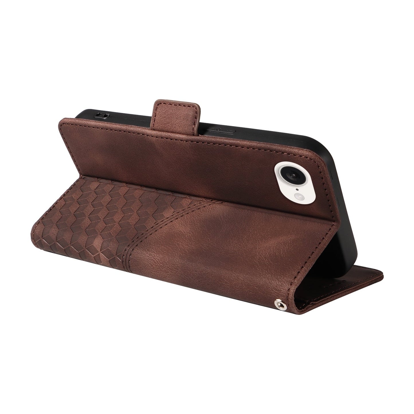 For iPhone 16e Embossed Rhombus Starry Leather Phone Case(Brown)