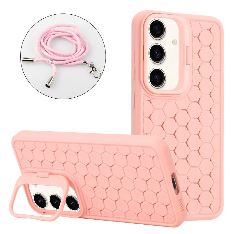 For Samsung Galaxy S24 5G Honeycomb Radiating Lens Holder Magsafe Phone Case with Lanyard(Pink)