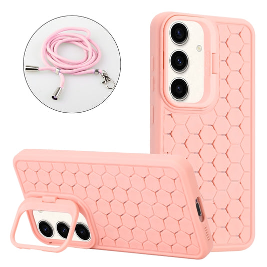 For Samsung Galaxy S24 5G Honeycomb Radiating Lens Holder Magsafe Phone Case with Lanyard(Pink)
