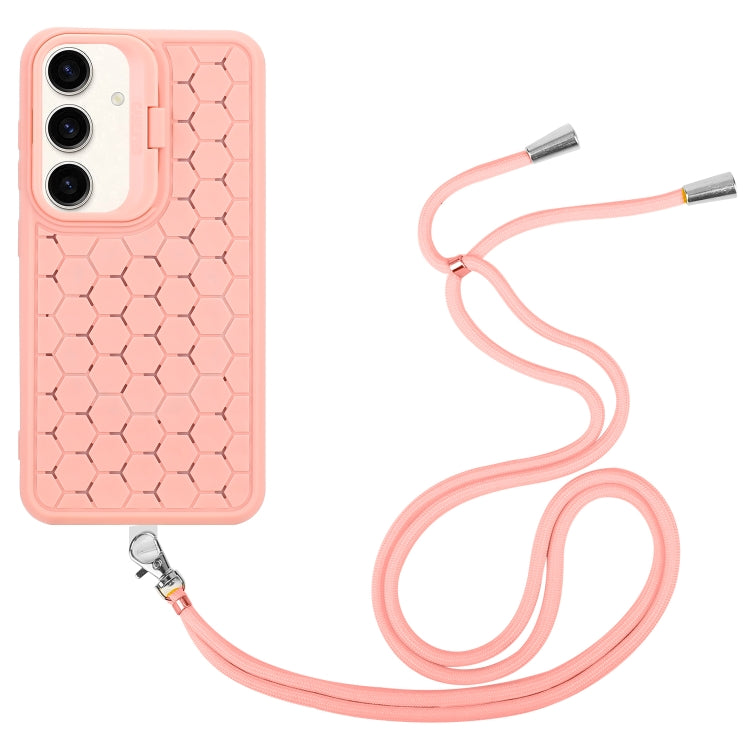 For Samsung Galaxy S24 5G Honeycomb Radiating Lens Holder Magsafe Phone Case with Lanyard(Pink)