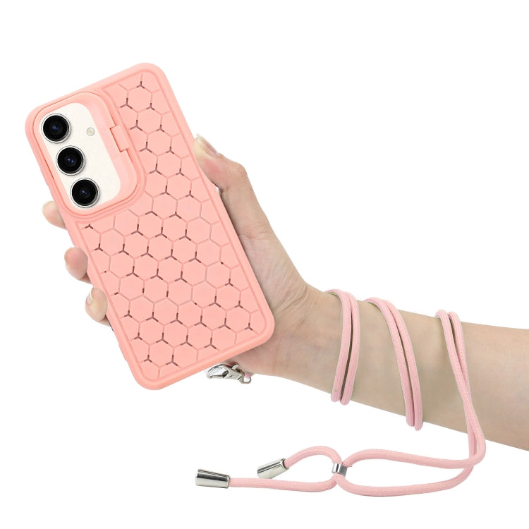 For Samsung Galaxy S24 5G Honeycomb Radiating Lens Holder Magsafe Phone Case with Lanyard(Pink)