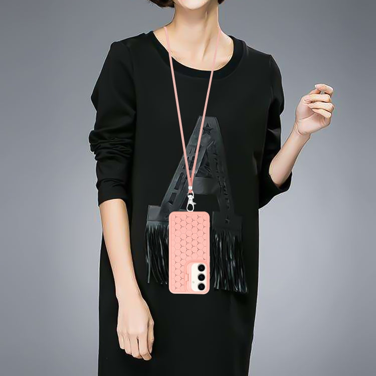 For Samsung Galaxy S24 5G Honeycomb Radiating Lens Holder Magsafe Phone Case with Lanyard(Pink)