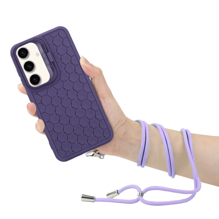 For Samsung Galaxy S24 5G Honeycomb Radiating Lens Holder Magsafe Phone Case with Lanyard(Purple)
