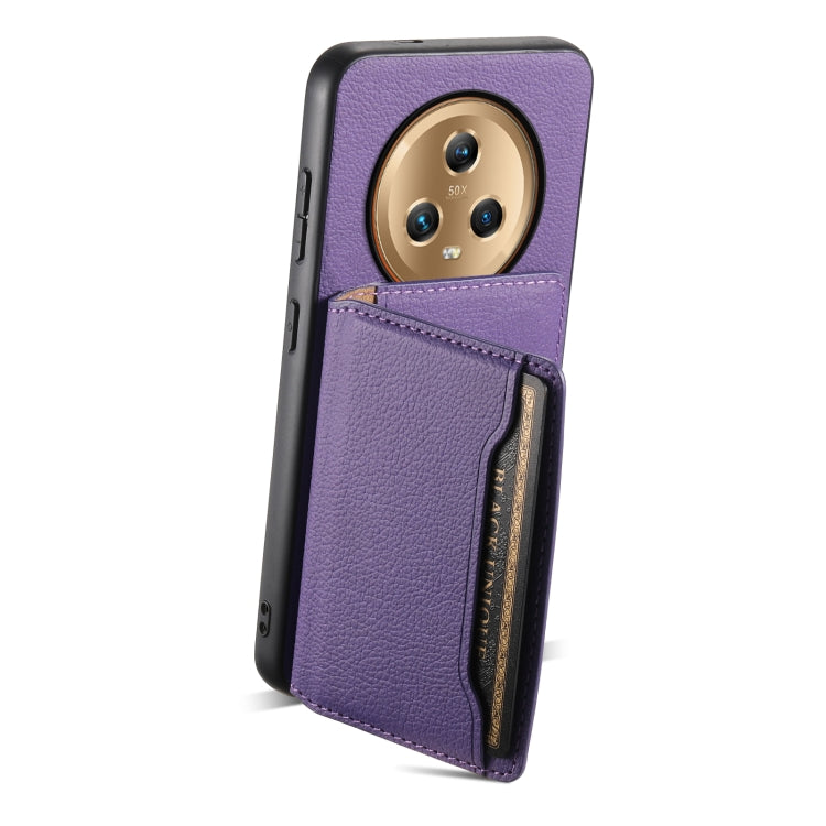 For Honor Magic5 Calf Texture Card Bag Design Full Coverage Phone Case(Purple)