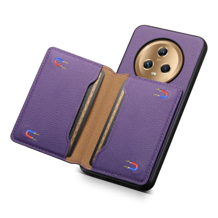 For Honor Magic5 Calf Texture Card Bag Design Full Coverage Phone Case(Purple)