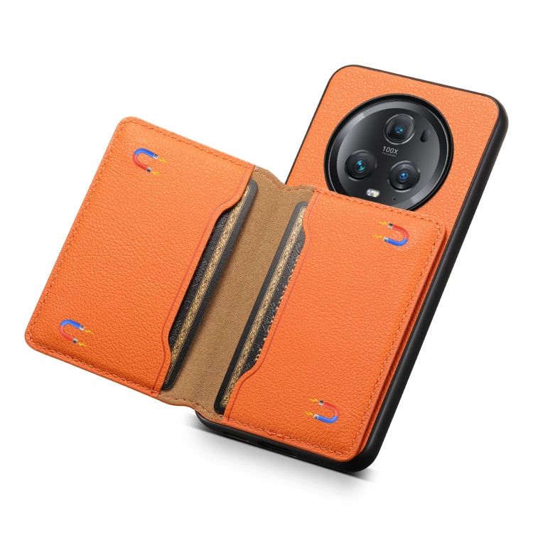 For Honor Magic5 Pro Calf Texture Card Bag Design Full Coverage Phone Case(Orange)