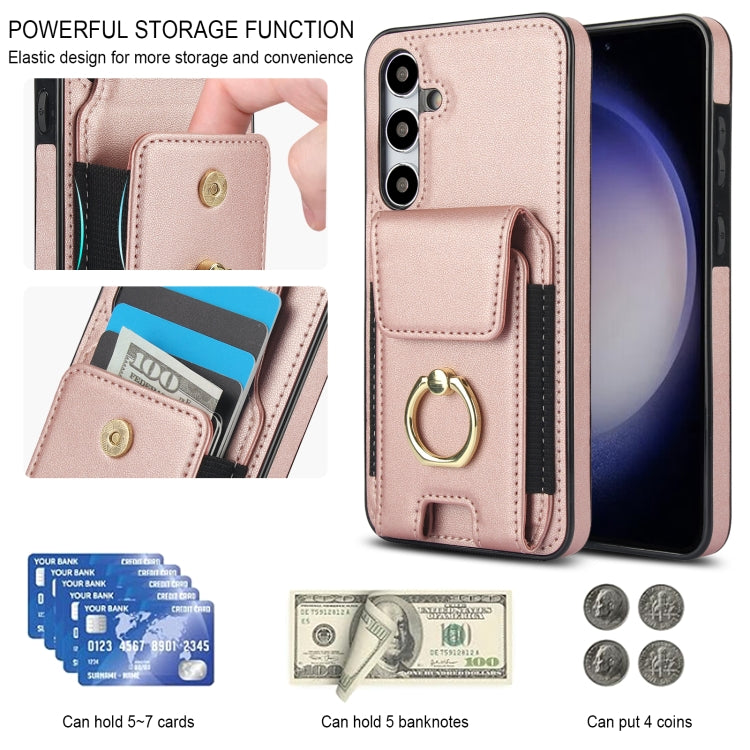 For Samsung Galaxy S24 5G Elastic Card Bag Ring Holder Phone Case(Rose Gold)