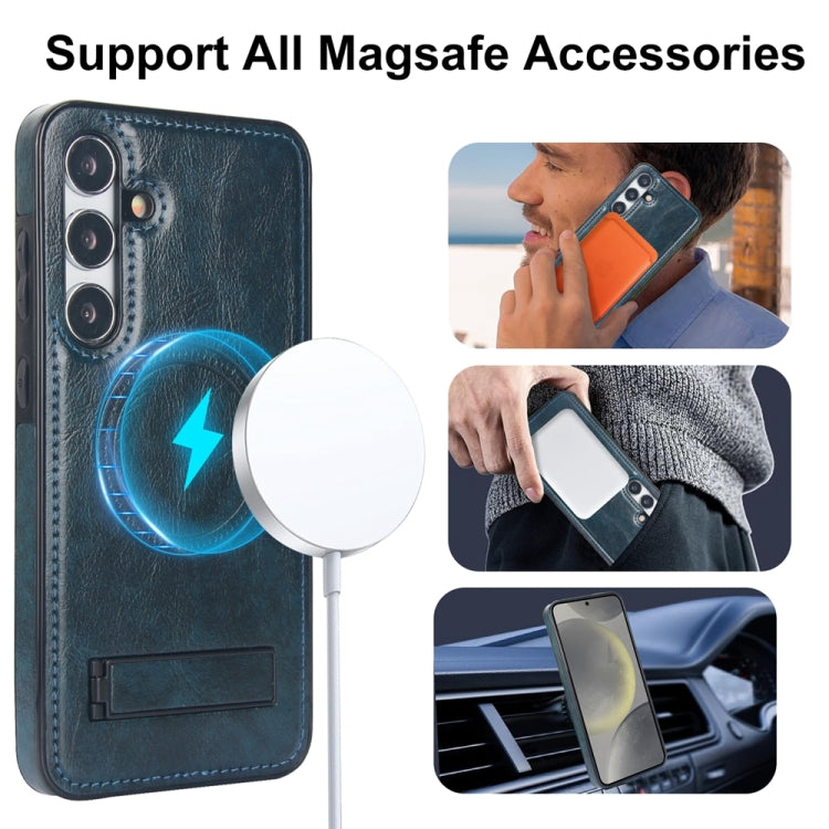 For Samsung Galaxy S24 5G Retro Leather Invisible Stand MagSafe Phone Case(Blue)