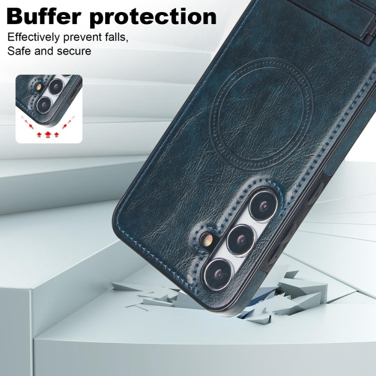 For Samsung Galaxy S24 5G Retro Leather Invisible Stand MagSafe Phone Case(Blue)