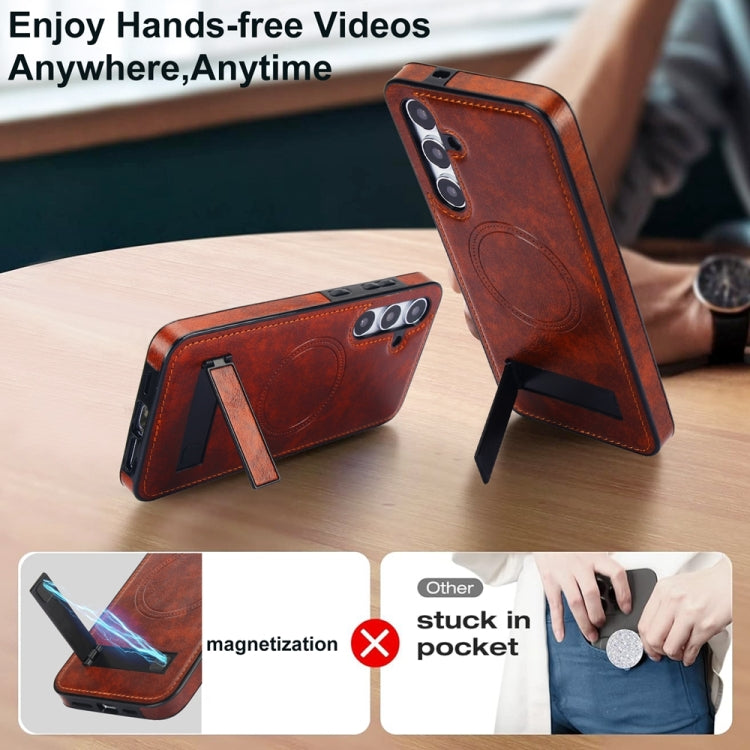 For Samsung Galaxy S24 5G Retro Leather Invisible Stand MagSafe Phone Case(Brown)