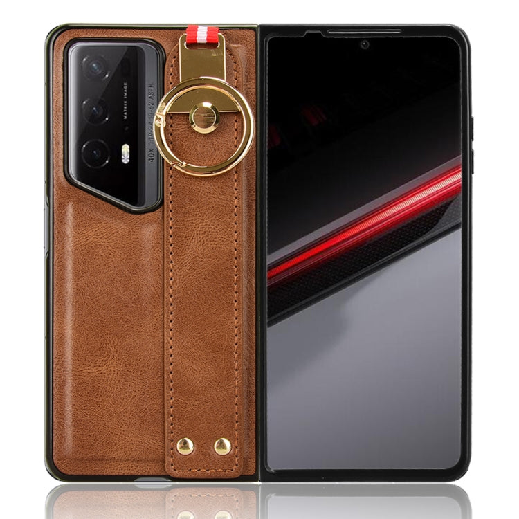 For Honor Magic V2 RSR Porsche Design Wristband Leather Back Phone Case(Brown)