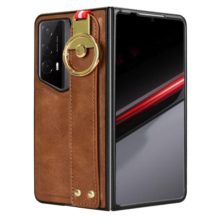 For Honor Magic V2 RSR Porsche Design Wristband Leather Back Phone Case(Brown)