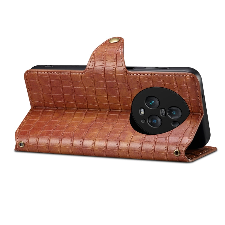 For Honor Magic5 Pro Denior Crocodile Texture Oil Edge Leather Phone Case(Brown)