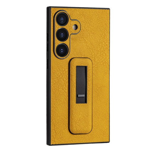 For Samsung Galaxy S24 5G PU Leather Push-pull Bracket Shockproof Phone Case(Yellow)