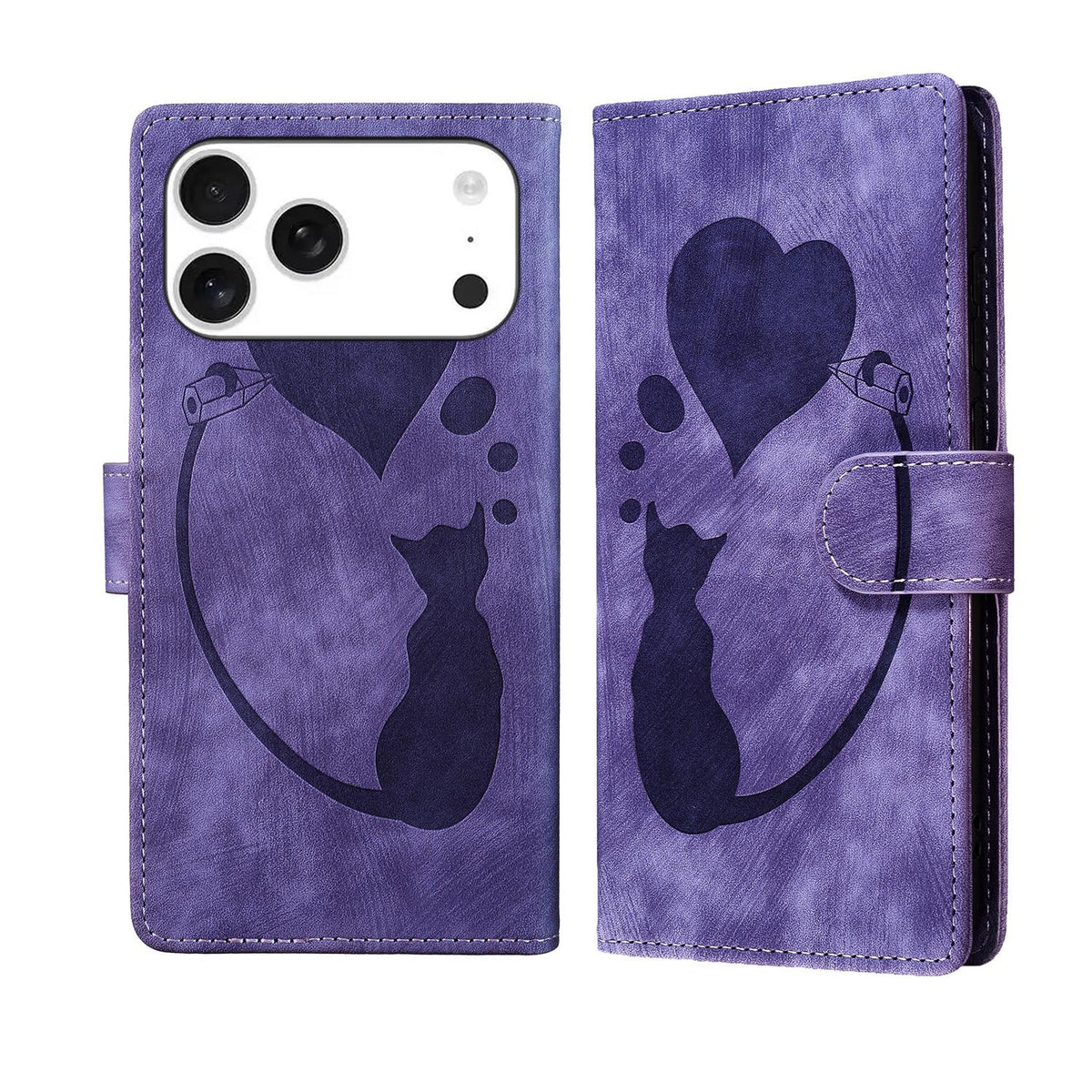 Compatible with iPhone 18 Pro Max & 17 Pro Max Pen Heart Cat Embossed Leather Phone Case - Purple