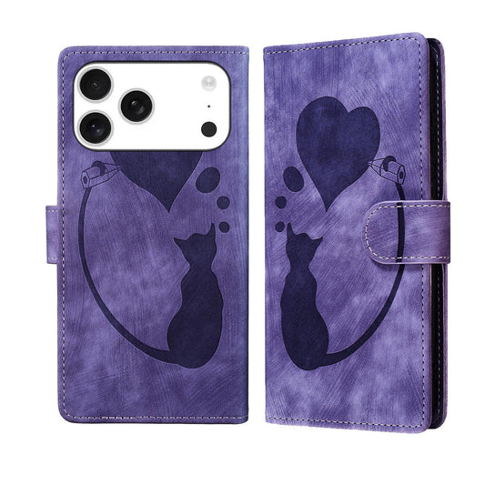 Compatible with iPhone 18 Pro Max & 17 Pro Max Pen Heart Cat Embossed Leather Phone Case - Purple